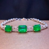 14k Gold 6.74 Ctw Vivid Green Natural Emerald & Diamond Bracelet