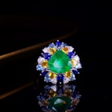14k Gold 3.46 Ctw Vivid Green Natural Emerald & Diamond Ring