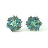 14k Gold 1 Ct Vivid Green Natural Emerald & Opal & Diamond Earrings