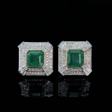 14k Gold 3.38 Ctw Vivid Green Natural Emerald & Diamond Earrings