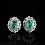 14k Gold 2.26 Ctw Vivid Green Natural Emerald & Diamond Earrings