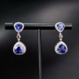 14k Gold 6.54 Ctw Vivid Blue Natural Tanzanite & Diamond Earrings