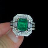 14k Gold 3.38 Ctw Vivid Green Natural Emerald & Diamond Ring