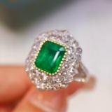14k Gold 3.11 Ctw Vivid Green Natural Emerald & Diamond Ring