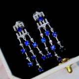 14k Gold 3.91 Ctw Vivid Blue Natural Sapphire & Diamond Earrings