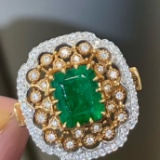 14k Gold 2.20 Ctw Vivid Green Natural Emerald & Diamond Ring
