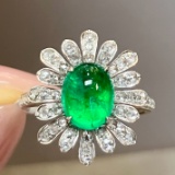 14k Gold 3.28 Ctw Vivid Green Natural Emerald & Diamond Ring