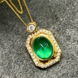 14k Gold 2.18 Ctw Vivid Green Natural Emerald & Diamond Pendant