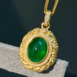 14k Gold 3.17 Ctw Vivid Green Natural Emerald & Diamond Pendant