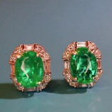 14k Gold 2.76 Ctw Vivid Green Natural Emerald & Diamond Earrings
