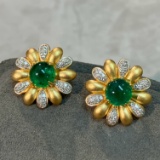 14k Gold 2.92 Ctw Vivid Green Natural Emerald & Diamond Earrings