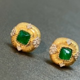 14k Gold 0.45 Ct Vivid Green Natural Emerald & Diamond Earrings