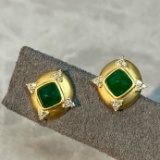 14k Gold 1.18 Ctw Vivid Green Natural Emerald & Diamond Earrings