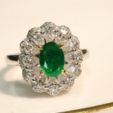 14k Gold 0.79 Ctw Vivid Green Natural Emerald & Diamond Ring