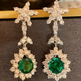 14k Gold 6.08 Ctw Vivid Green Natural Emerald & Diamond Earrings