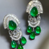 14k Gold 6.7 Ctw Vivid Green Natural Emerald & Diamond Earrings