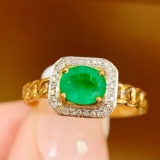 14k Gold 0.8 Ct Vivid Green Natural Emerald & Diamond Ring