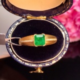 14k Gold 0.9 Ct Vivid Green Natural Emerald & Diamond Ring