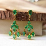 14k Gold 3.49 Ct Vivid Green Natural Emerald & Diamond Earrings