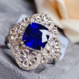 14k Gold 4.25 Ctw Vivid Blue Natural Sapphire & Diamond Ring