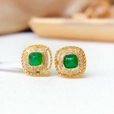 14k Gold 0.7 Ct Vivid Green Natural Emerald & Diamond Earrings