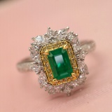 14k Gold 1.73 Ctw Vivid Green Natural Emerald & Diamond Ring