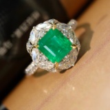 14k Gold 1.52 Ctw Vivid Green Natural Emerald & Diamond Ring