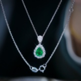 14k Gold 1.20 Ctw Vivid Green Natural Emerald & Diamond Necklace