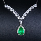14k Gold 0.95 Ctw Vivid Green Natural Emerald & Diamond Necklace