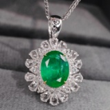 14k Gold 2.23 Ctw Vivid Green Natural Emerald & Diamond Pendant