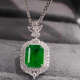 14k Gold 1.99 Ctw Vivid Green Natural Emerald & Diamond Pendant