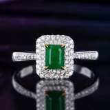 14k Gold 0.98 Ctw Vivid Green Natural Emerald & Diamond Ring