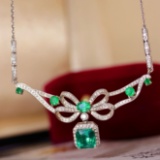 14k Gold 3.05 Ctw Vivid Green Natural Emerald & Diamond Necklace