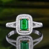 14k Gold 0.75 Ctw Vivid Green Natural Emerald & Diamond Ring