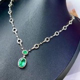 14k Gold 4.36 Ctw Vivid Green Natural Emerald & Diamond Necklace