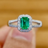 14k Gold 0.83 Ctw Vivid Green Natural Emerald & Diamond Ring
