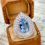 14k Gold 6.4 Ctw Natural Aquamarine & Diamond Ring