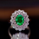 14k Gold 3.05 Ctw Vivid Green Natural Emerald & Diamond Ring
