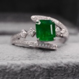 14k Gold 1.21 Ctw Vivid Green Natural Emerald & Diamond Ring