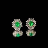 14k Gold 1.44 Ctw Vivid Green Natural Emerald & Diamond Earrings
