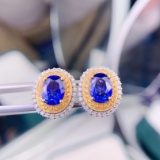 14k Gold 3.5 Ct Vivid Blue Heated Sapphire & Diamond Earrings