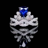 14k Gold 0.81 Ctw Vivid Blue Natural Sapphire & Diamond Ring