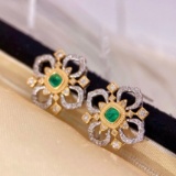 14k Gold 0.64 Ctw Vivid Green Natural Emerald & Diamond Earrings