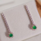 14k Gold 1.35 Ctw Vivid Green Natural Emerald & Diamond Earrings