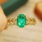 14k Gold 0.82 Ctw Vivid Green Natural Emerald & Diamond Ring
