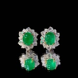 14k Gold 2.98 Ctw Vivid Green Natural Emerald & Diamond Earrings