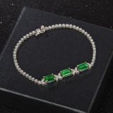 14k Gold 3.01 Ctw Vivid Green Natural Emerald & Diamond Bracelet