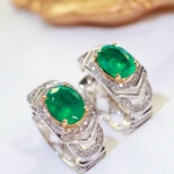 14k Gold 3.45 Ctw Vivid Green Natural Emerald & Diamond Earrings
