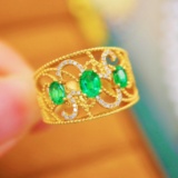 14k Gold 0.86 Ctw Vivid Green Natural Emerald & Diamond Ring