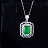 14k Gold 2.14 Ctw Vivid Green Natural Emerald & Diamond Pendant